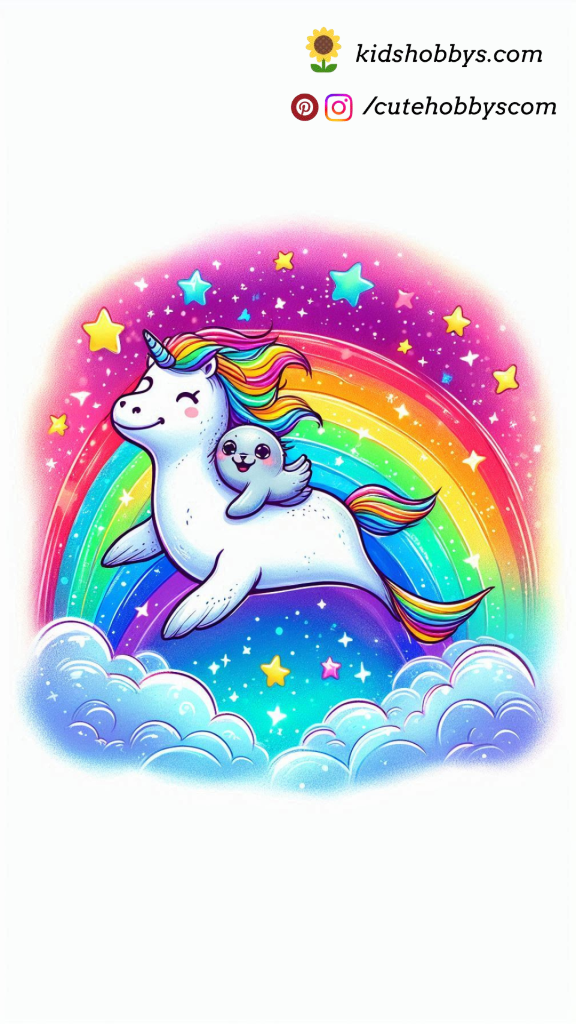 Adventurous Baby Seal Riding a Rainbow Unicorn Across a Starry Sky