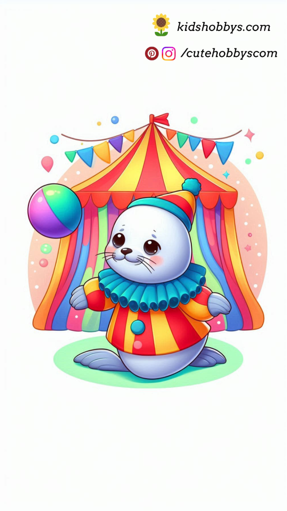 Baby Seal Dressed in a Circus Clown Outfit, Performing with a Colorful Ball