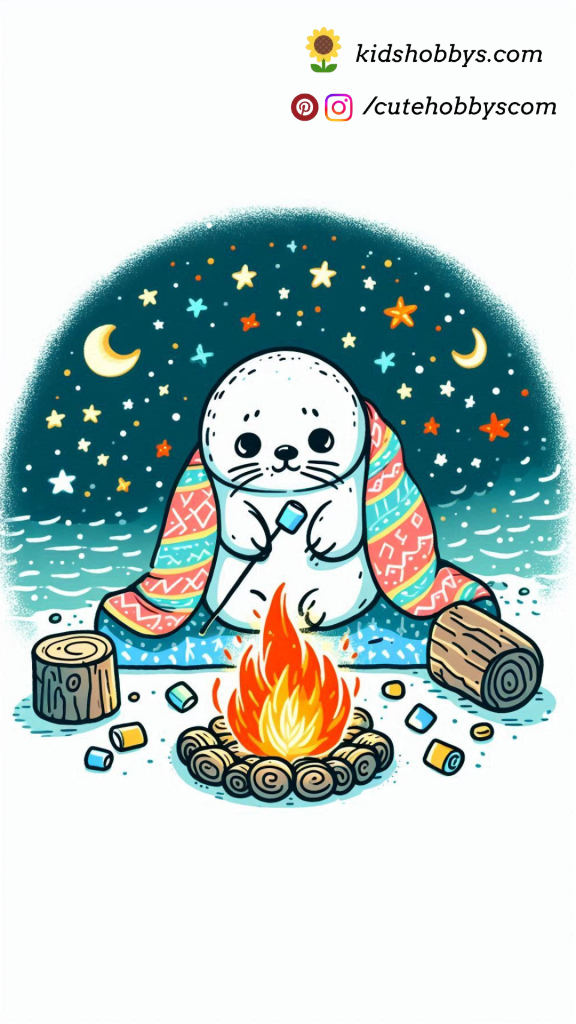 Baby Seal Enjoying a Cozy Campfire with Marshmallows and a Blanket Under a Starry Night