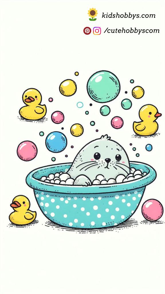 Baby Seal Floating in a Bubble Bath with Rubber Duckies and Bubbles