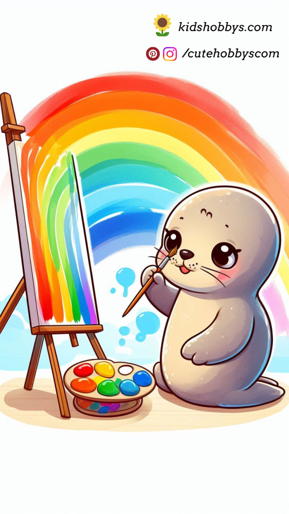 Baby Seal Painting a Beautiful Rainbow on a Large Canvas with Tiny Paintbrushes