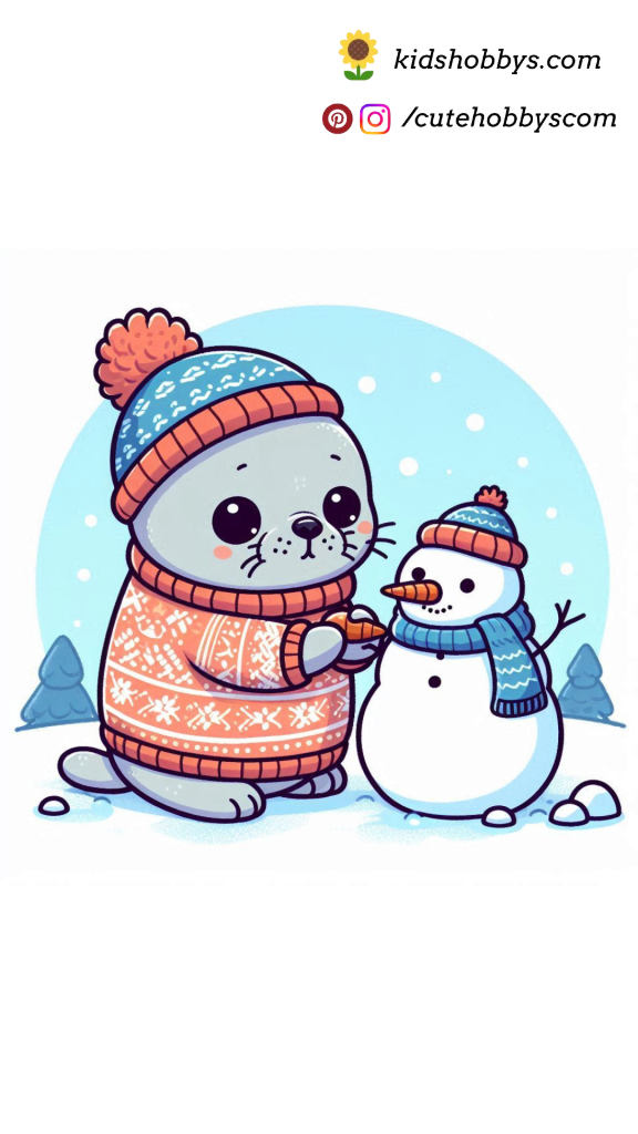 Baby Seal Wearing a Cozy Knit Sweater, Building a Snowman with a Carrot Nose