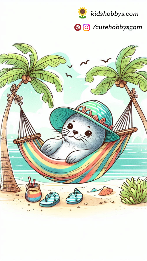 Baby Seal Wearing a Sun Hat, Relaxing in a Hammock Between Two Palm Trees