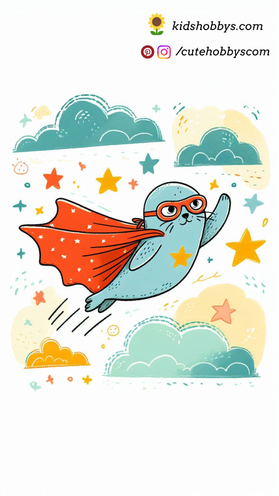 Baby Seal Wearing a Superhero Cape, Soaring Through the Sky with Clouds and Stars