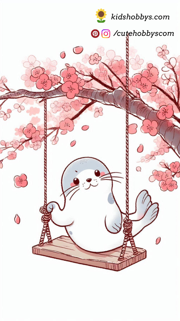 Baby Seal on a Swing Hanging from a Branch of a Cherry Blossom Tree