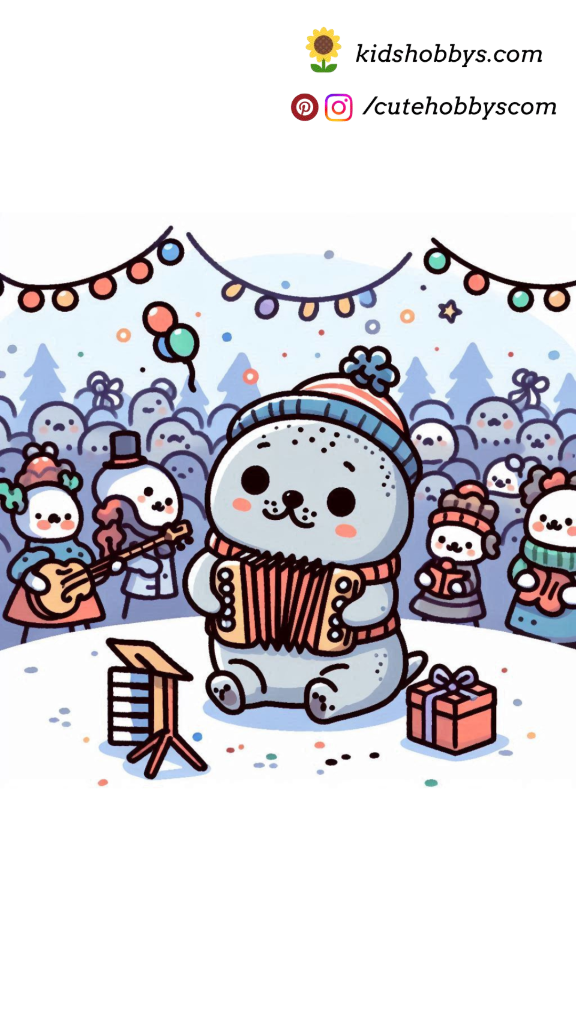 Charming Baby Seal Playing a Tiny Accordion in a Festive Outdoor Concert