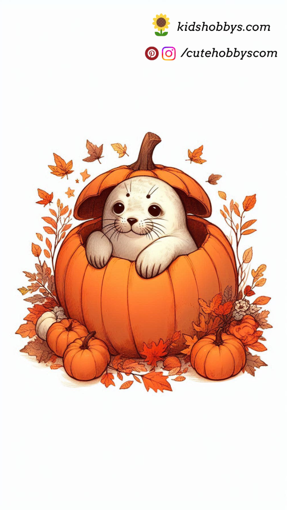 Charming Baby Seal Snuggling in a Giant Pumpkin Surrounded by Autumn Leaves