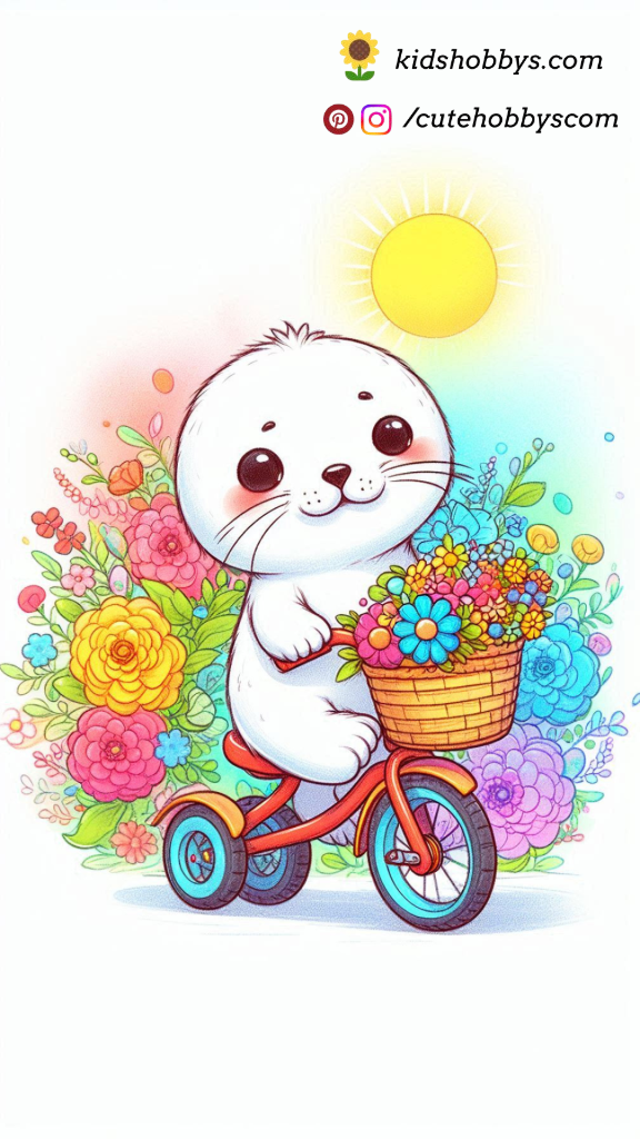 Cheerful Baby Seal Riding a Tricycle with a Basket Full of Colorful Flowers