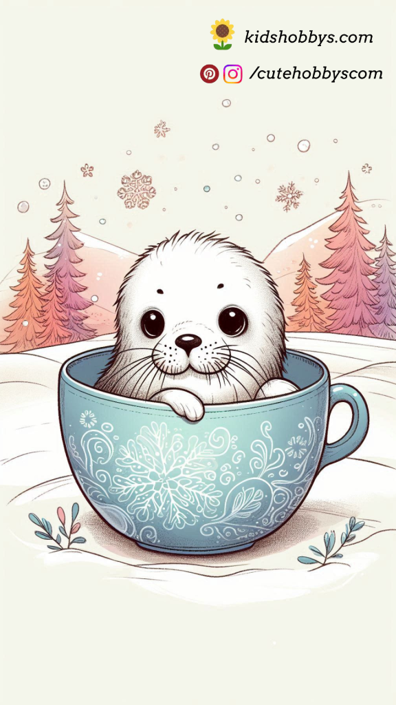 Curious Baby Seal Peeking Out from a Cozy Teacup in a Winter Wonderland