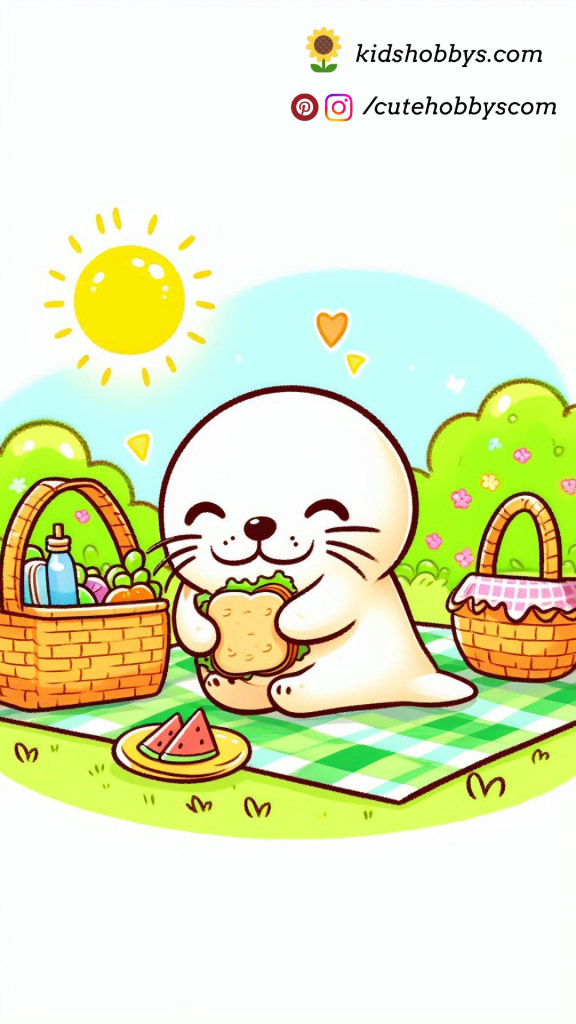 Cute Baby Seal Enjoying a Picnic with a Basket Full of Delicious Treats and a Cozy Blanket