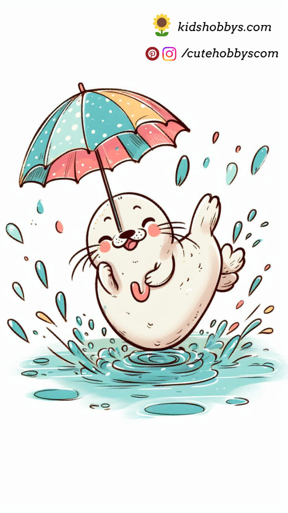 Energetic Baby Seal Splashing Around in a Puddle of Raindrops with Tiny Umbrella