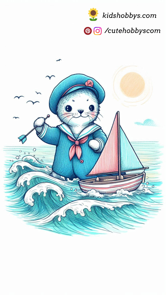 Little Baby Seal in a Sailor Suit, Steering a Toy Sailboat Across a Calm Sea