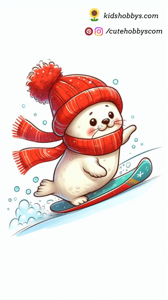 Playful Baby Seal Snowboarding Down a Gentle Snowy Hill with a Bright Red Scarf