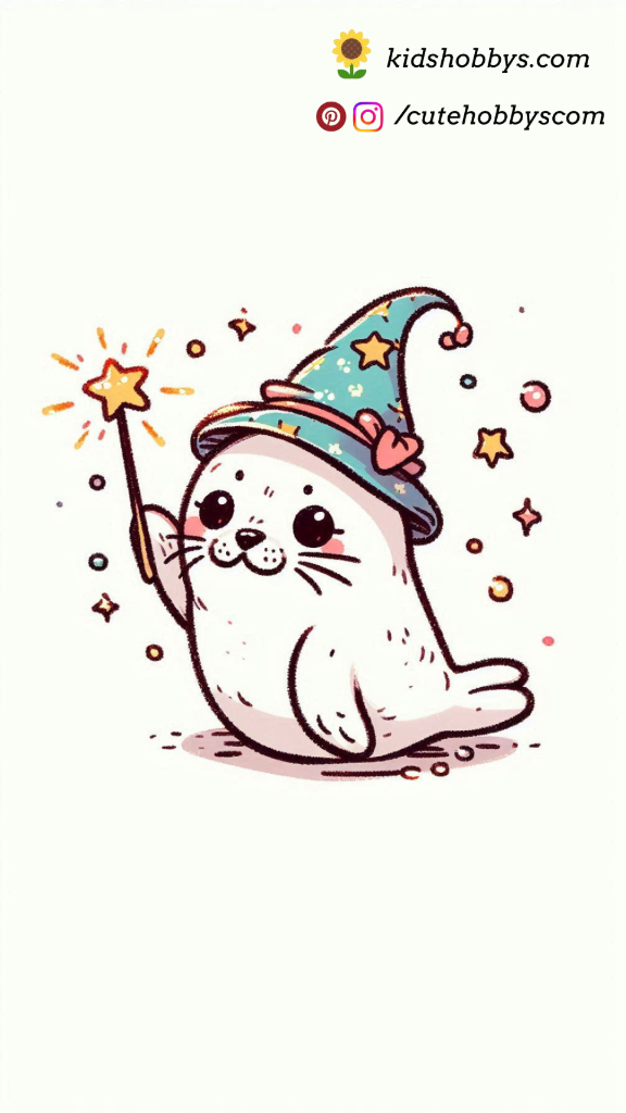 Playful Baby Seal Wearing a Tiny Wizard Hat, Casting Sparkles with a Magic Wand