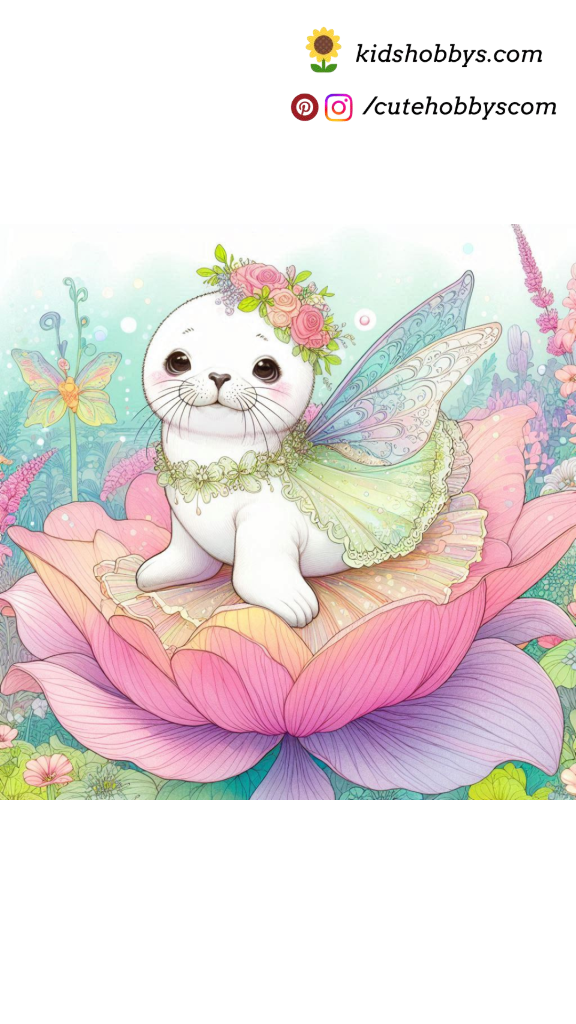 Sweet Baby Seal Dressed as a Fairy, Sitting on a Flower Petal in a Magical Garden