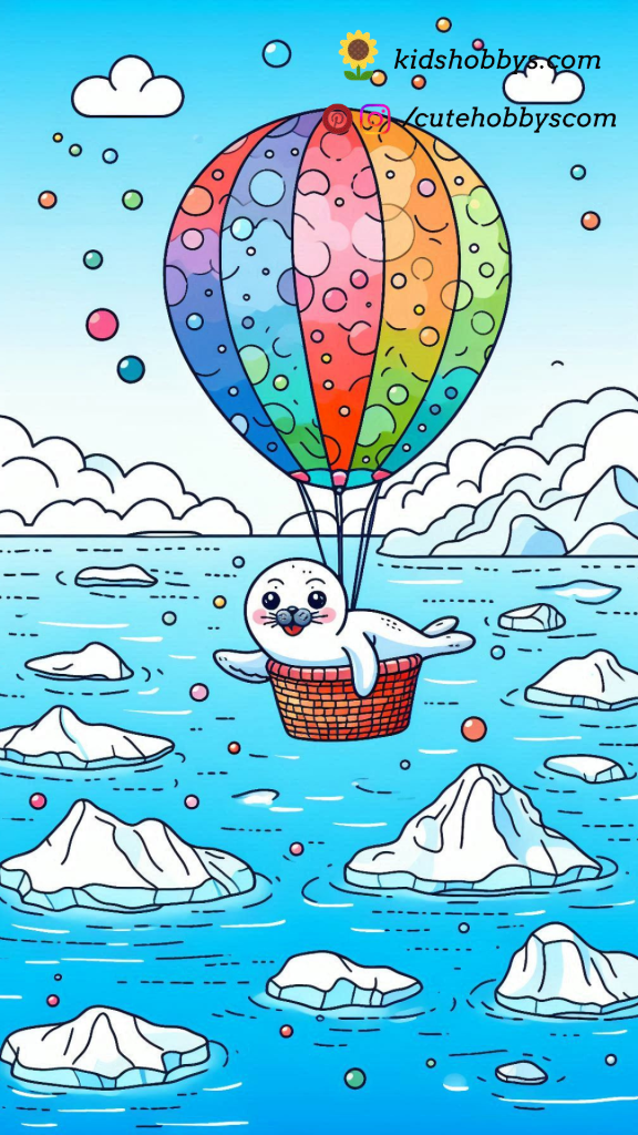 Sweet Baby Seal Floating in a Hot Air Balloon Above a Sea of Floating Icebergs