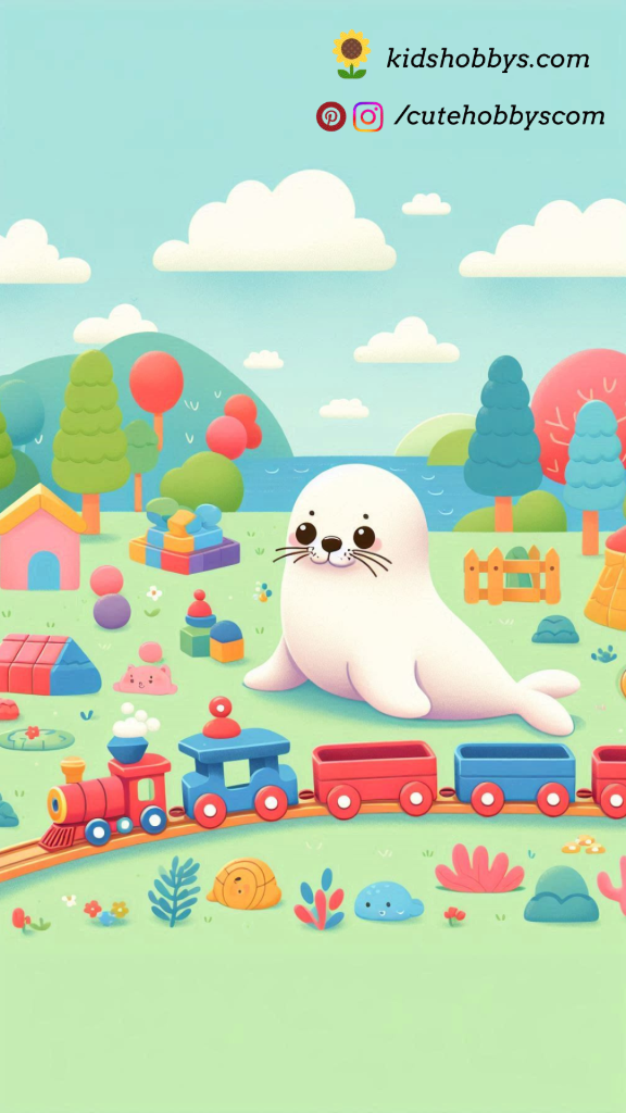 Tiny Baby Seal Playing with a Wooden Toy Train in a Toyland Wonderland