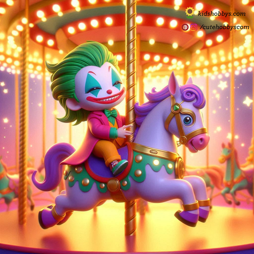 Tiny Joker’s Wild Ride on a Colorful Carousel, Bat Horses and All!